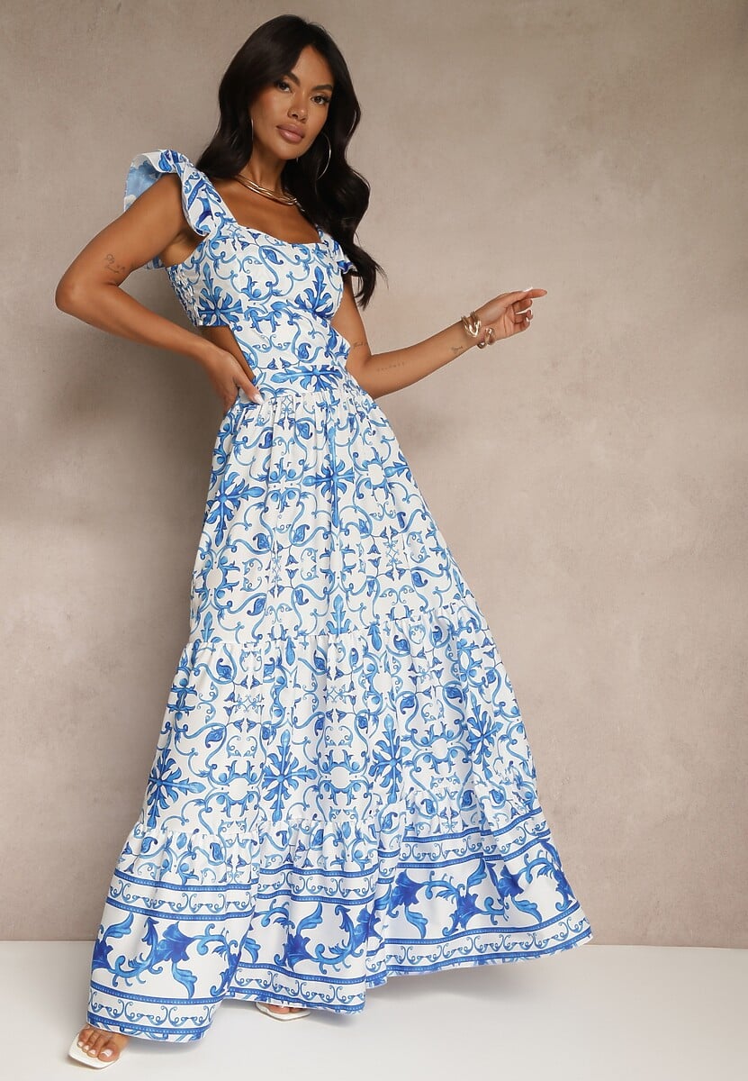 Fuksjowa Sukienka Ozdobiona Wycięciem i Ornamentnym Wzorem Halistea