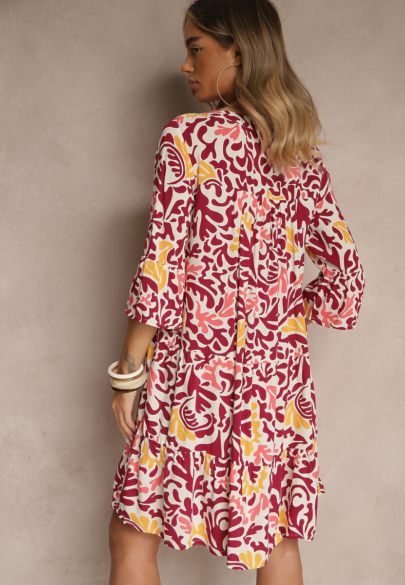Żółto-Bordowa Sukienka z Wiskozy o Rozkloszowanym Kroju w Abstrakcyjny Wzór Lirese