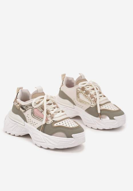 Beżowo-Zielone Sneakersy Streetwearowe na Grubej Podeszwie Waniffia