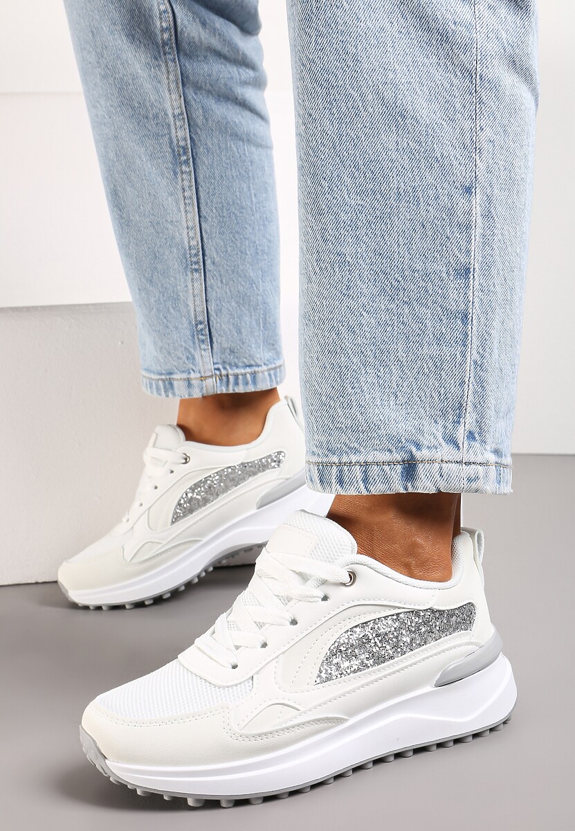 Białe Sneakersy z Noskiem z Siateczki i Wstawką Cekinową Tilrialls