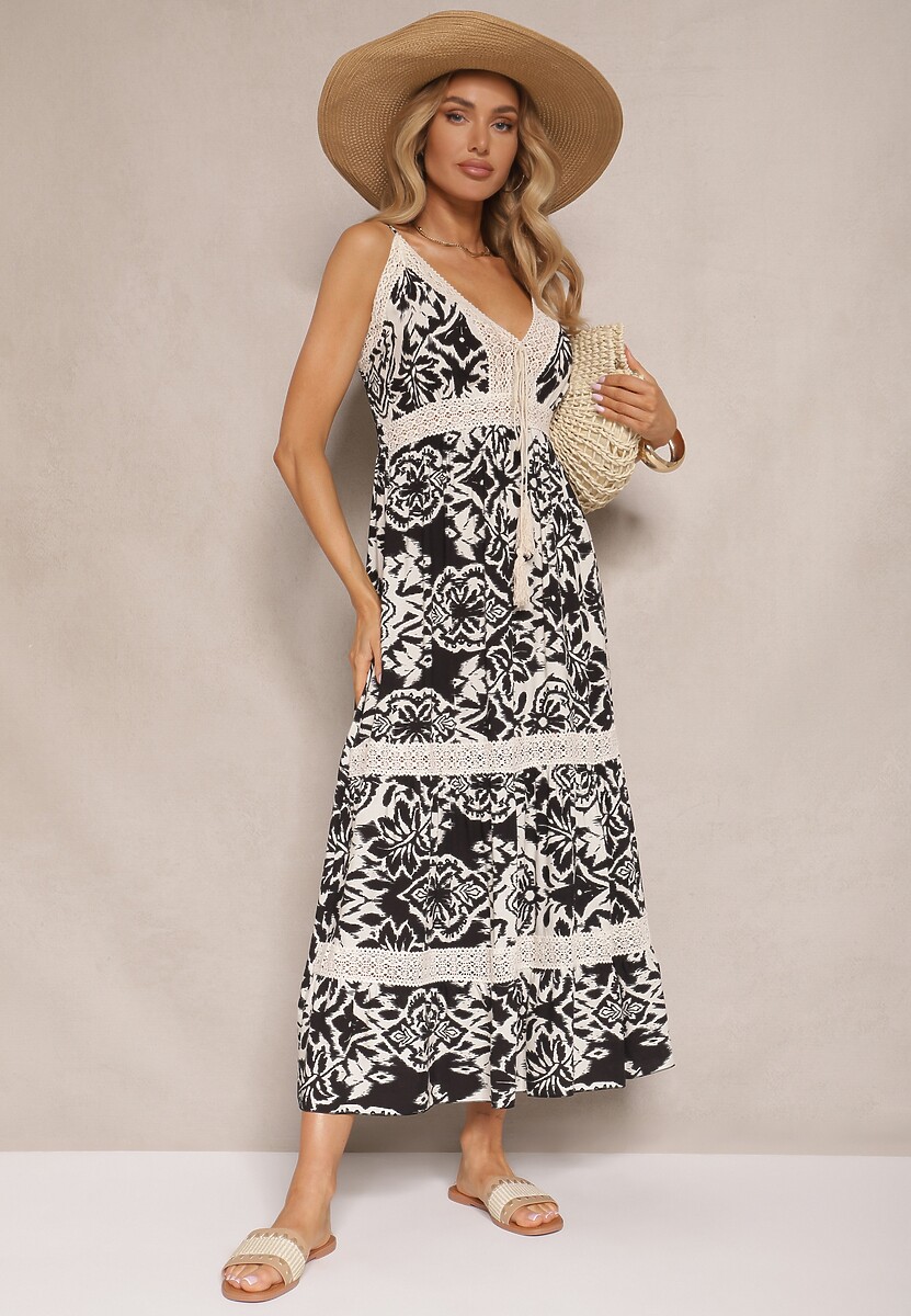 Czarna Sukienka z Bawełny o Rozkloszowanym Kroju w Etniczny Print Taliraya