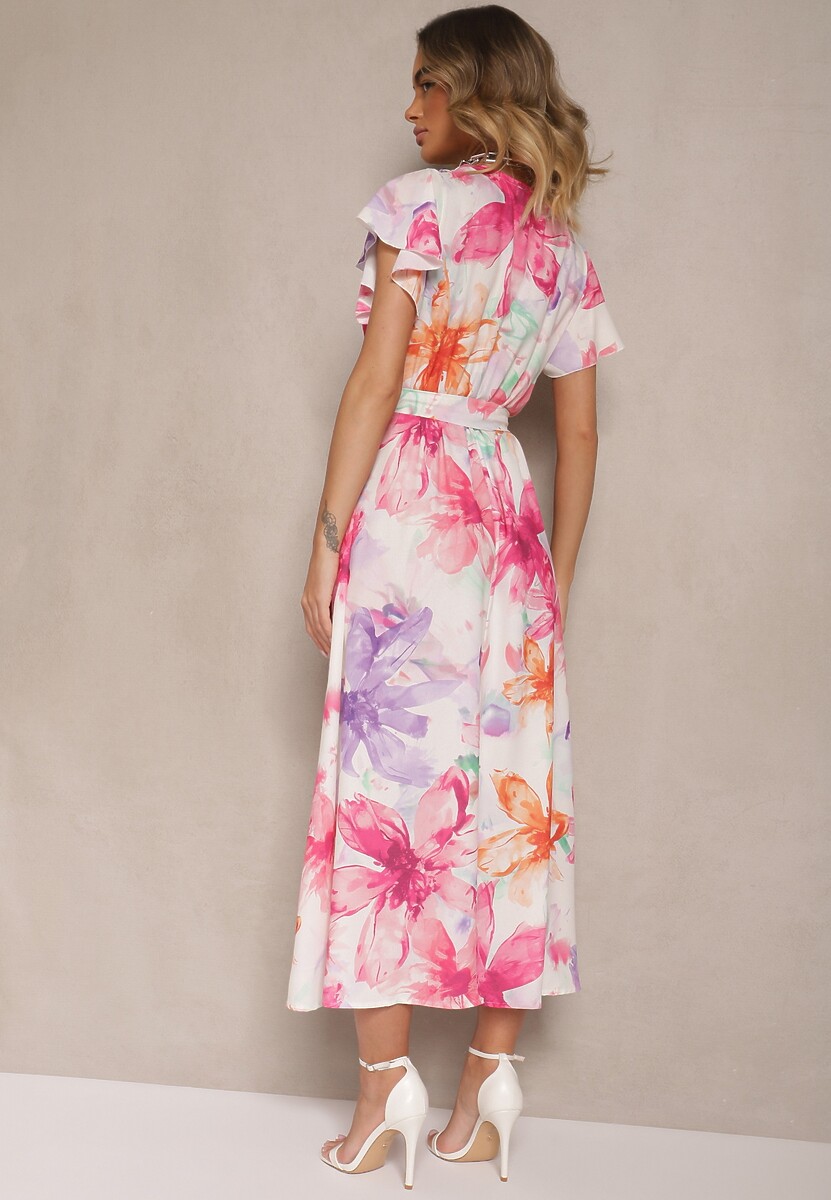 Fuksjowa Kopertowa Sukienka z Wiązanym Paskiem w Kwiatowy Wzór Redellira