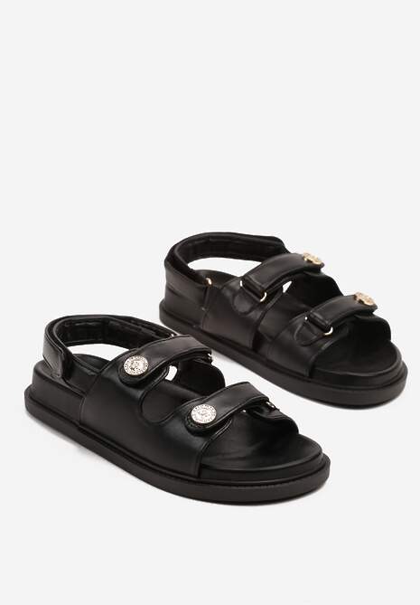 Czarne Sandały Zapinane na Rzep i Zdobione Metalicznymi Aplikacjami Kolowenna