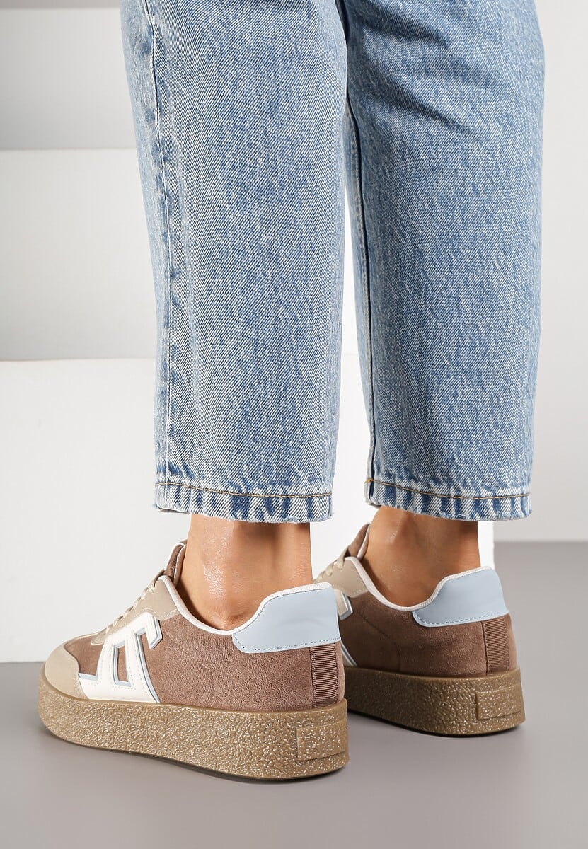 Brązowo-Beżowe Sneakersy Ozdobione Geometrycznym Motywem Lanelise