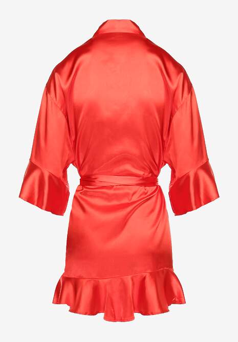 Czerwony Szlafrok z Satyny z Paskiem w Talii i Falbankami Debori