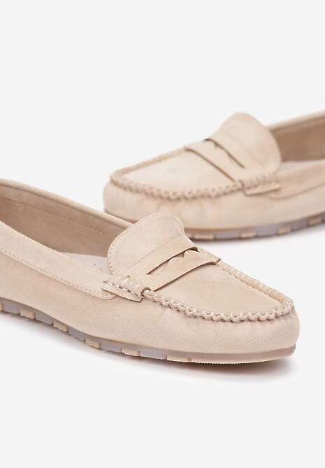 Beżowe Mokasyny z Przeszyciami i Wkładką ze Skóry Naturalnej Isotta