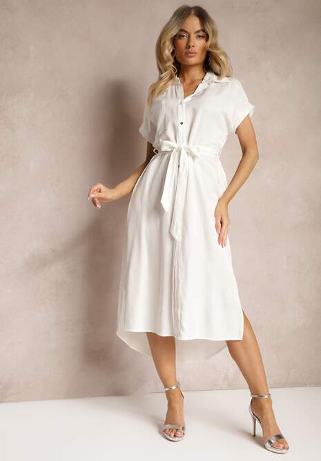 Biała Koszulowa Sukienka z Rozcięciem Zapinana na Guziki Wiązana Materiałowym Paskiem Nestarina