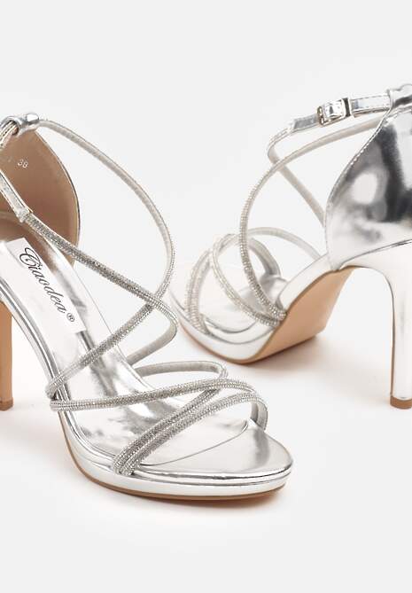 Srebrne Sandały Szpilki z Paseczkami Ozdobionymi Cyrkoniami Eladriela