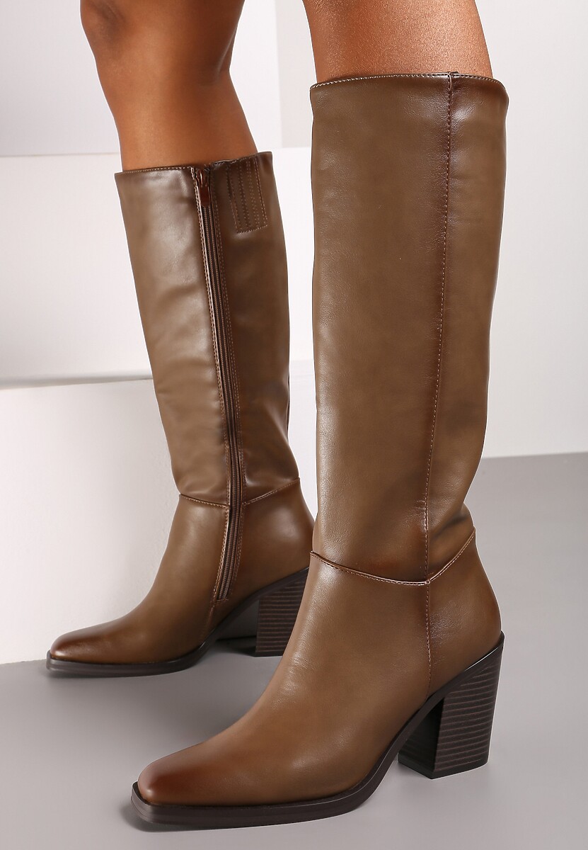 Ciemnobeżowe Casualowe Kozaki na Słupku Movara