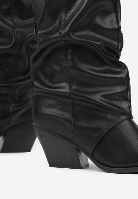 Czarne Marszczone Kozaki na Obcasie w Kształcie Stożka Atima