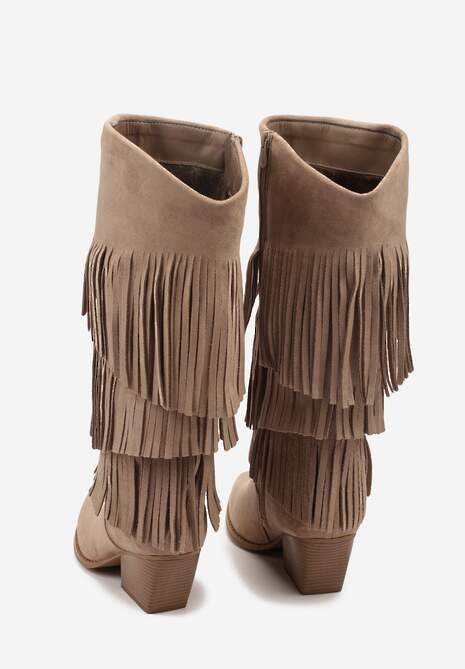 Ciemnobeżowe Kozaki Kowbojki na Stożku Ozdobione Frędzlami Giolanda