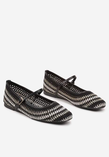Czarne Balerinki Mary Jane Ozdobione Metaliczną Nicią Ilimalla