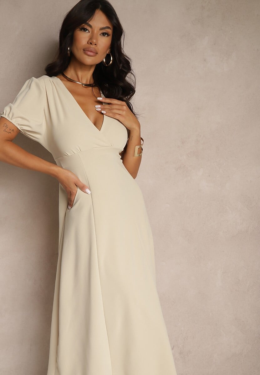 Beżowa Rozkloszowana Sukienka Koktajlowa Ozdobiona Wiązaniem Ziverine