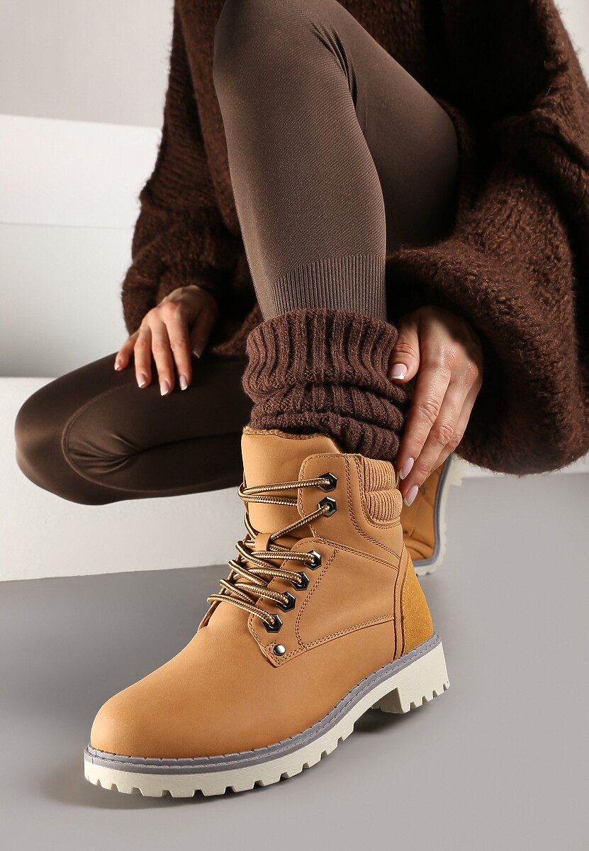 Brązowe Sznurowane Casualowe Traperki na Płaskiej Podeszwie Relobia