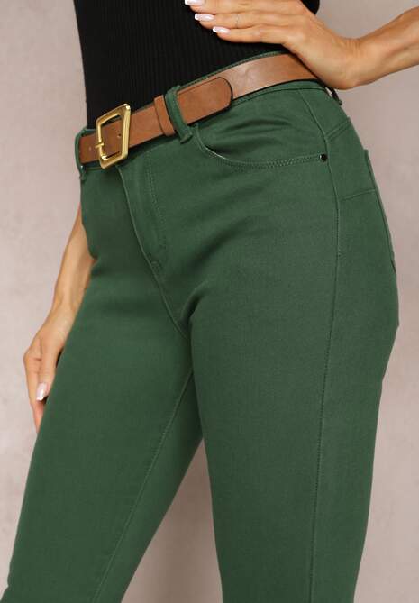 Ciemnozielone Jeansy Skinny z Paskiem z Klamerką Pisanne