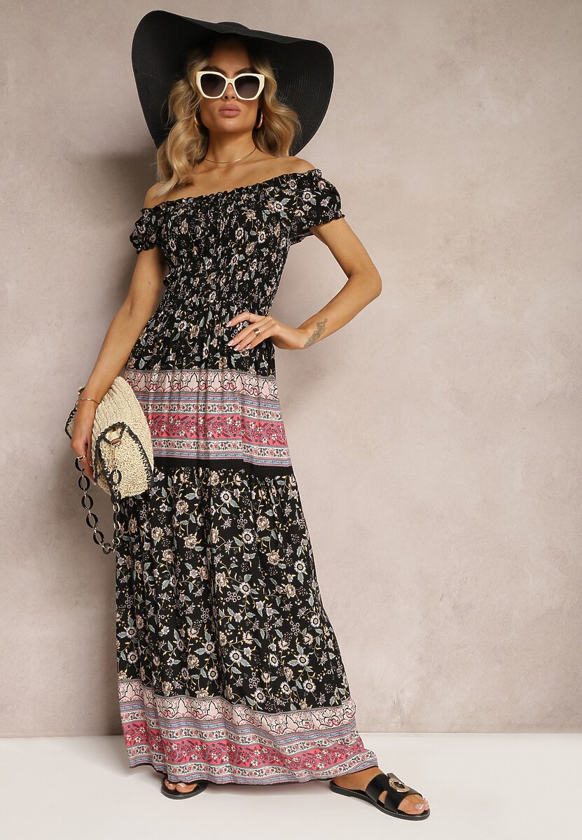 Czarno-Różowa Sukienka Hiszpanka z Wiskozy z Marszczoną Górą Isteria