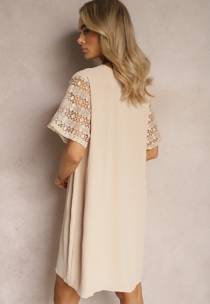 Beżowa Pudełkowa Sukienka Mini z Koronkowymi Wykończeniami Oirelyn