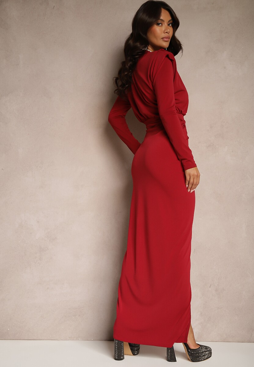 Bordowa Dopasowana Sukienka Koktajlowa Ozdobiona Marszczeniem Besini