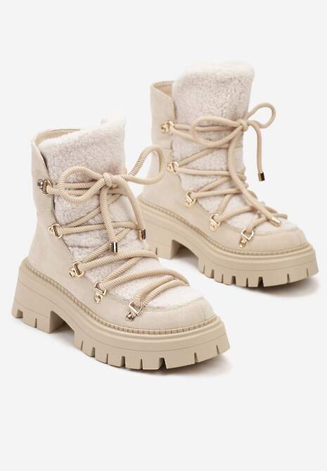 Beżowe Sznurowane Śniegowce na Platformie z Ociepleniem Innathiel