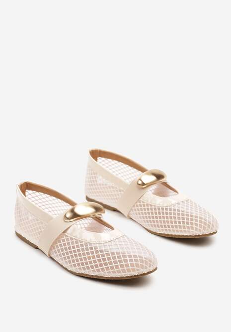 Beżowe Balerinki z Siateczkową Cholewką i Metaliczną Aplikacją Tathelisa