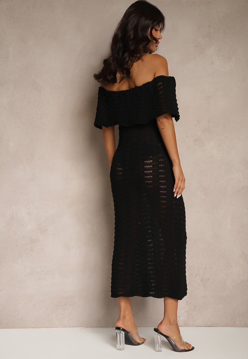 Czarna Sukienka Hiszpanka z Ażurowej Tkaniny z Ozdobnym Dekoltem Filadella