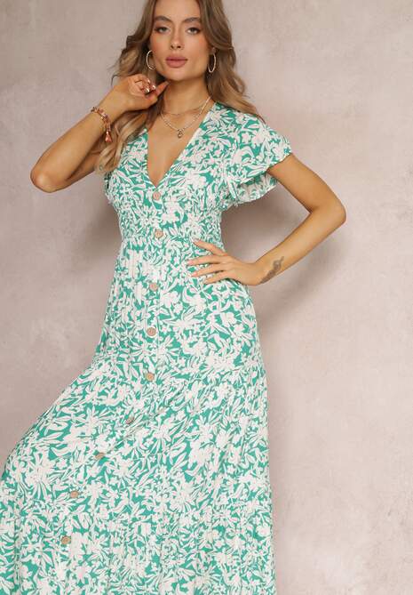 Jasnozielono-Biała Wiskozowa Sukienka Maxi z Gumką w Talii i Falbankami Maethia