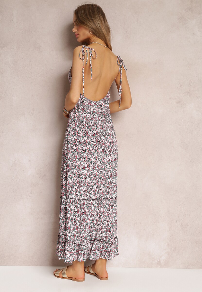 Zielono-Biała Sukienka Maxi z Wiązanymi Ramiączkami i Falbanką na Dole Krosby