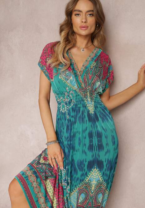 Zielona Sukienka o Kopertowym Kroju w Ornamentalny Print Nalori