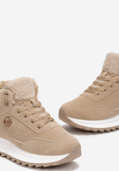 Ciemnobeżowe Zimowe Sneakersy ze Sztucznym Futerkiem Turelia
