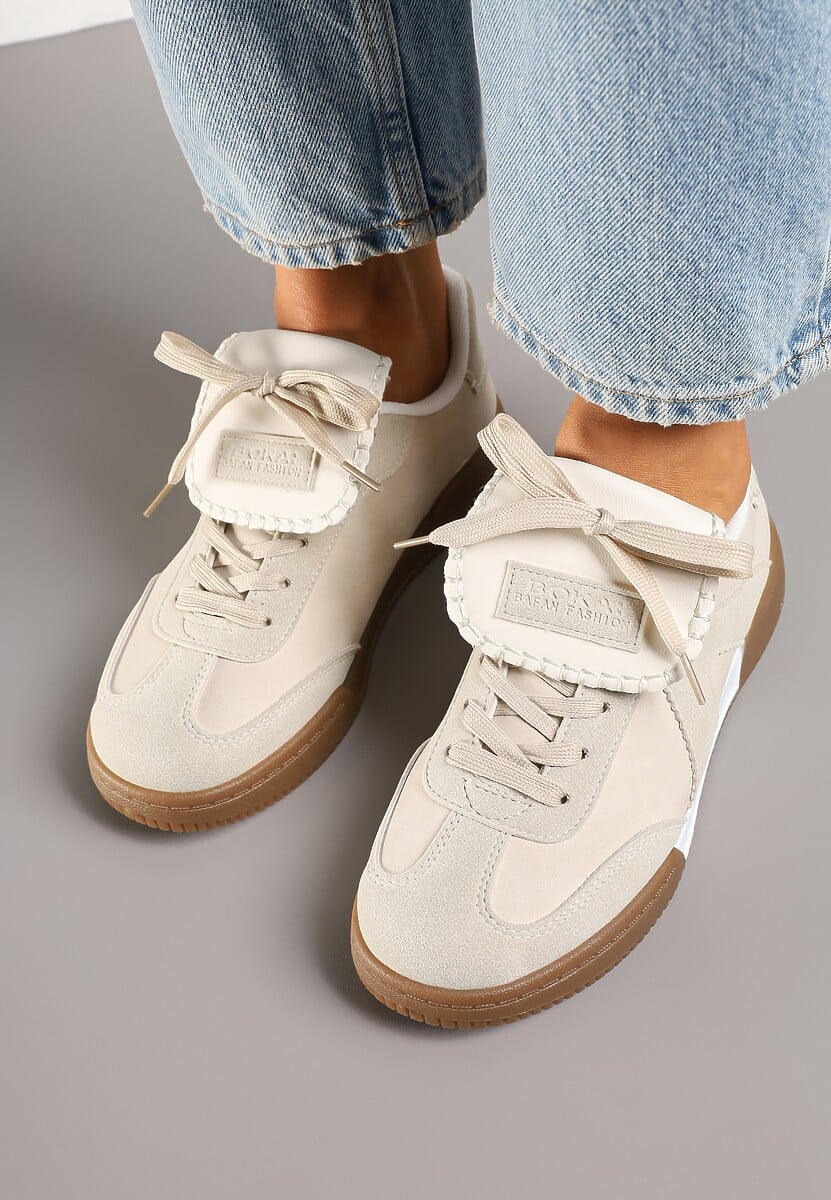 Beżowe Sneakersy w Stylu Tenisówek z Szerokim Językiem Alarila