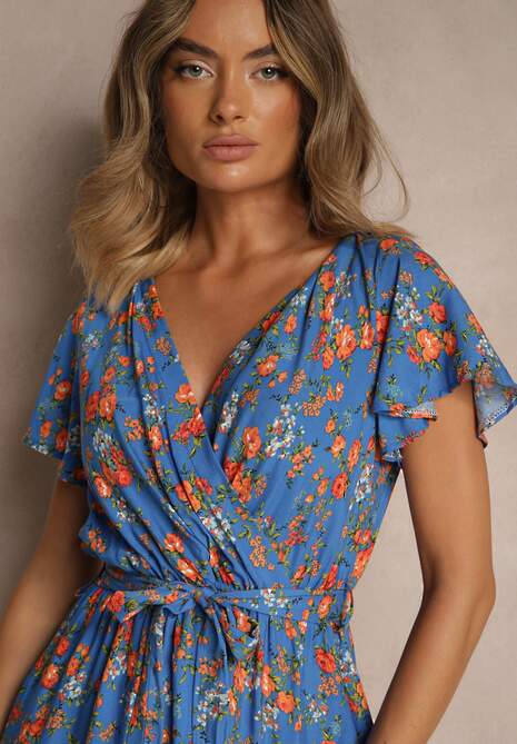 Niebieska Wiskozowa Sukienka Midi w Kwiaty z Gumką w Pasie i Materiałowym Paskiem Aidenia