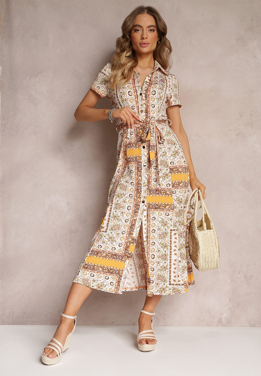 Biało-Żółta Koszulowa Sukienka z Wiązanym Paskiem i Fantazyjnym Nadrukiem Elealina