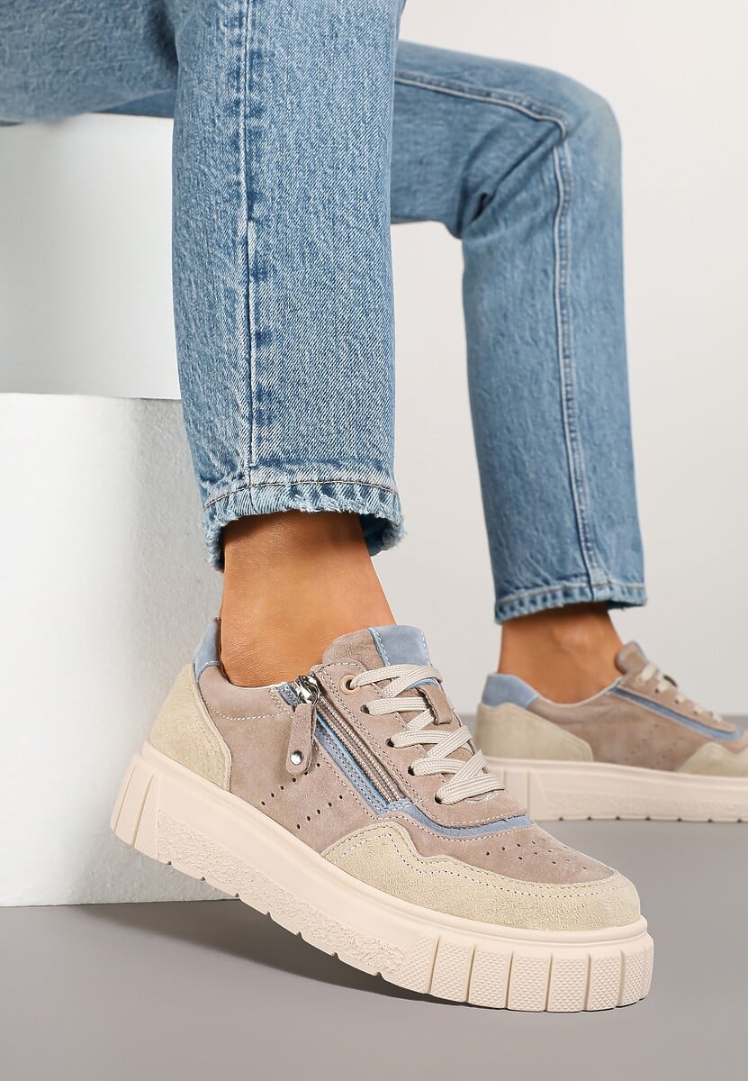 Ciemnobeżowe Sneakersy ze Skóry Naturalnej z Ozdobnym Suwakiem Tilliraya