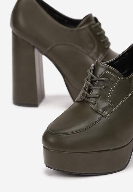 Zielone Półbuty na Słupkowym Obcasie z Wiązaniem i Okrągłym Noskiem Adocia