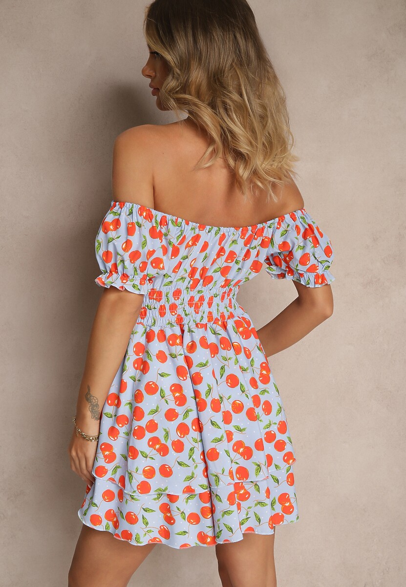 Niebieska Sukienka Rozkloszowana z Bawełną w Wisienki Lunasella