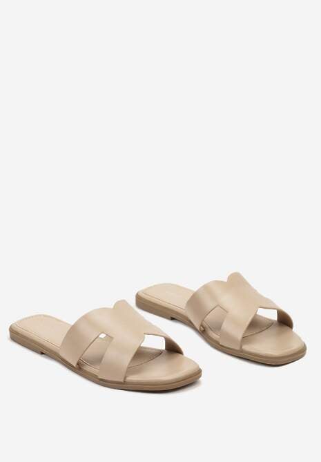 Beżowe Klapki na Płaskiej Podeszwie Ozdobione Metalicznymi Paskami i Kwadratowym Noskiem Sonivia