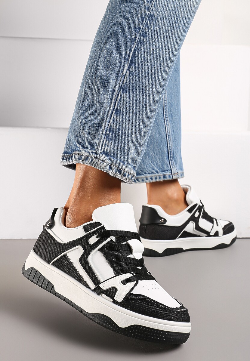 Czarno-Białe Sneakersy Ozdobione Jeansowymi Naszywkami Cliome