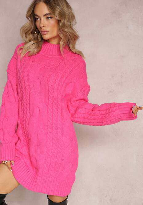 Fuksjowy Długi Sweter o Luźnym Kroju z Warkoczykowym Splotem Penerria