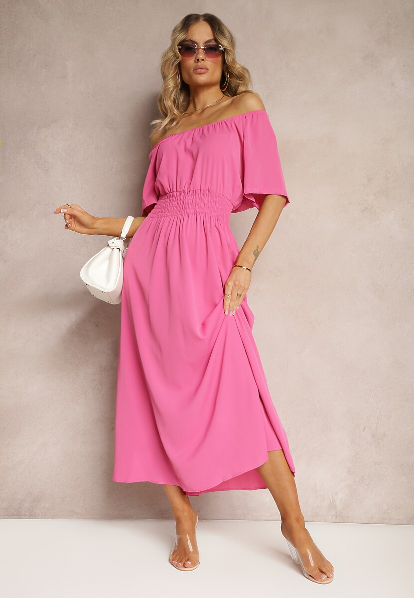 Różowa Rozkloszowana Sukienka z Krótkim Rękawem i Gumką w Talii Katteria