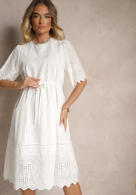 Biała Sukienka Ażurowa z Bawełny z Paskiem Nilozi