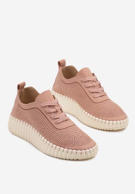 Różowe Sneakersy na Tłoczonej Platformie z Ażurową Cholewką Ronfira