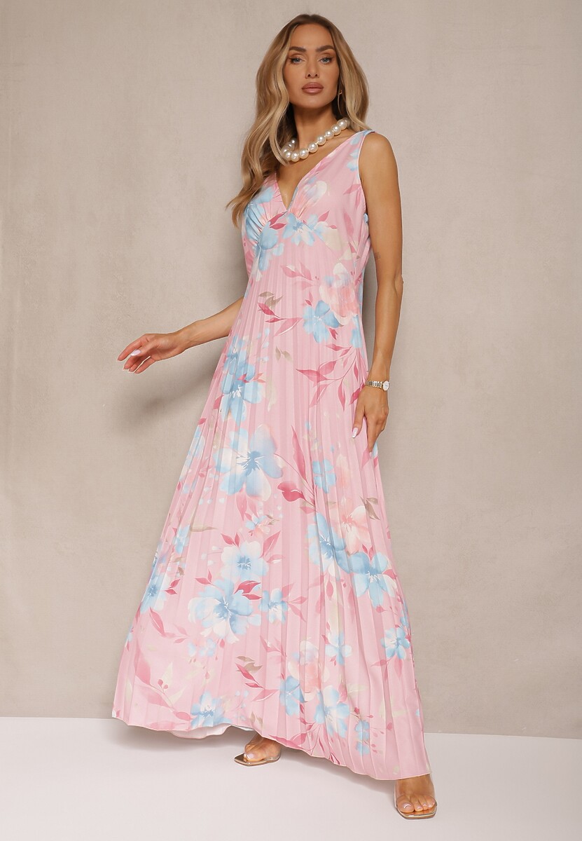 Różowa Plisowana Sukienka o Rozkloszowanym Fasonie na Szerokich Ramiączkach Nitanela