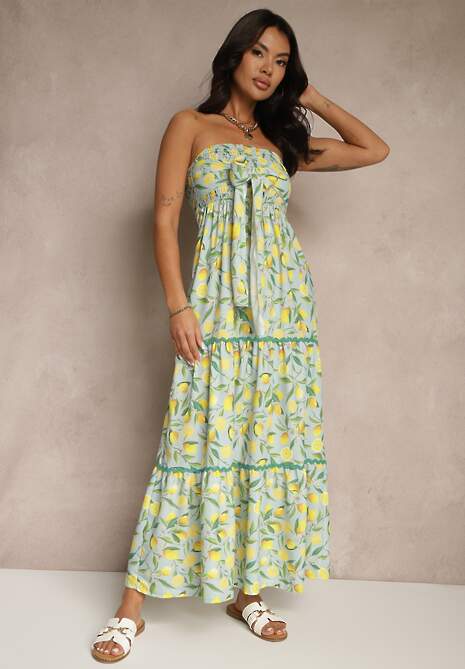 Ciemnozielona Sukienka Ozdobiona Kokardą i Motywem Cytryn Galionea