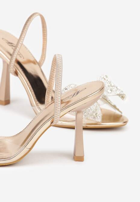 Szampańskie Transparentne Sandały na Klepsydrowej Szpilce z Kokardą i Cyrkoniami Feralia