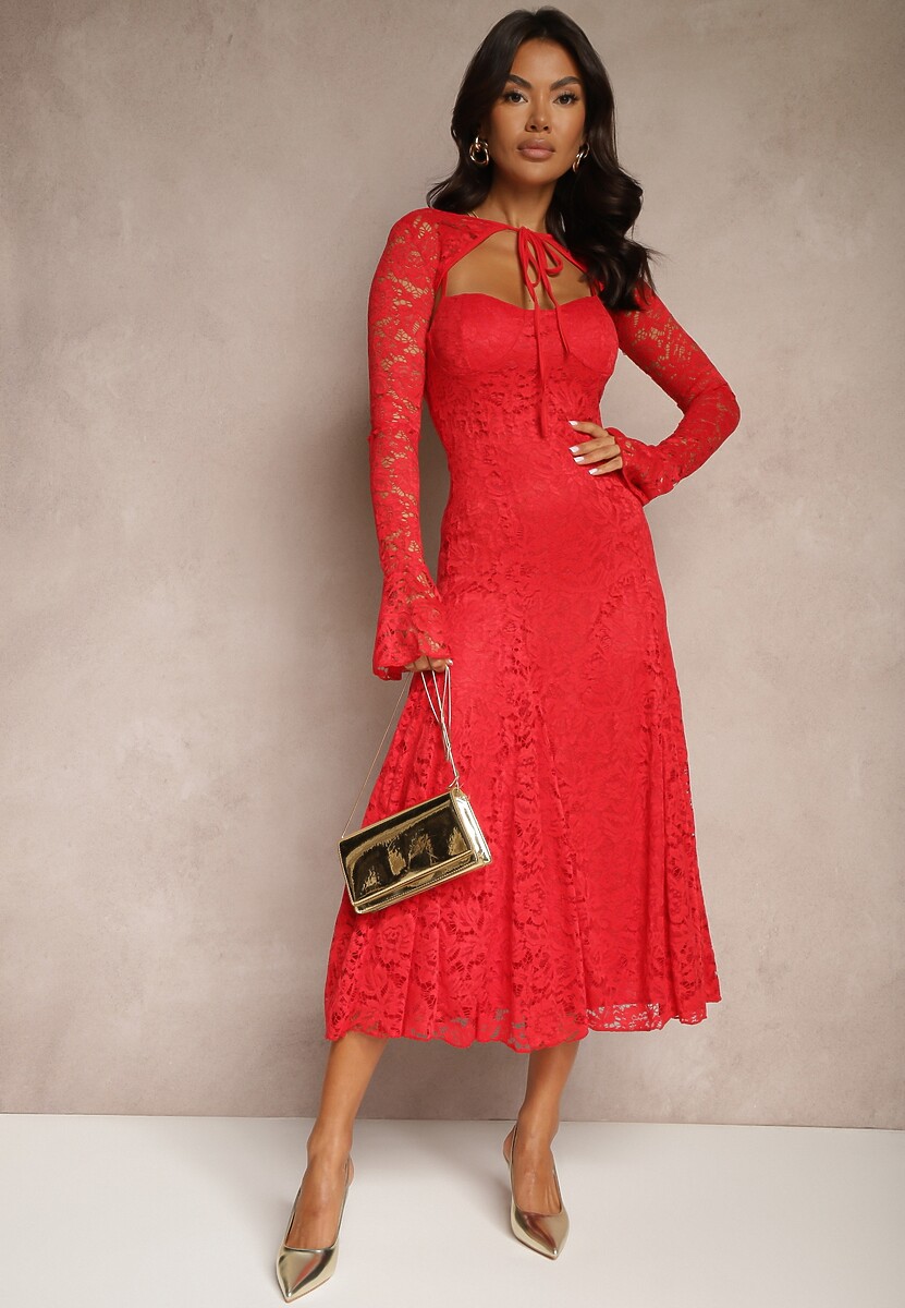 Czarna Rozkloszowana Sukienka z Koronki z Dodatkowym Bolerkiem Gonavora