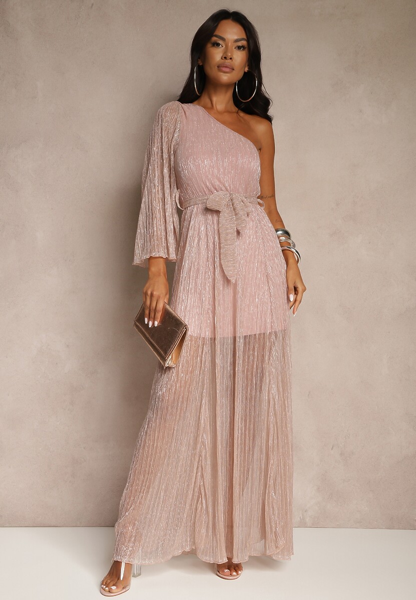 Różowa Asymetryczna Sukienka z Metalicznymi Przeszyciami i Wiązanym Paskiem Arhellia