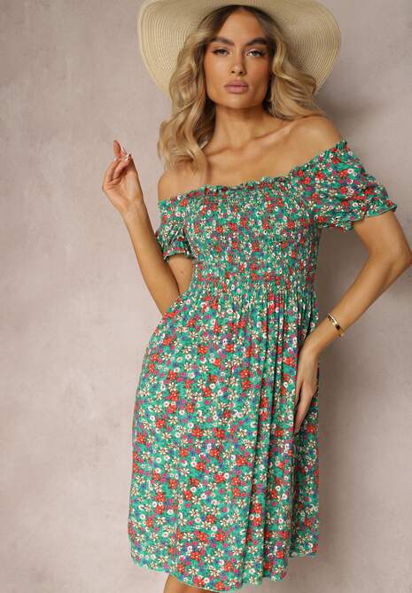 Zielona Hiszpanka Sukienka z Wiskozy w Kwiatowy Wzór z Gumką w Pasie Silemia
