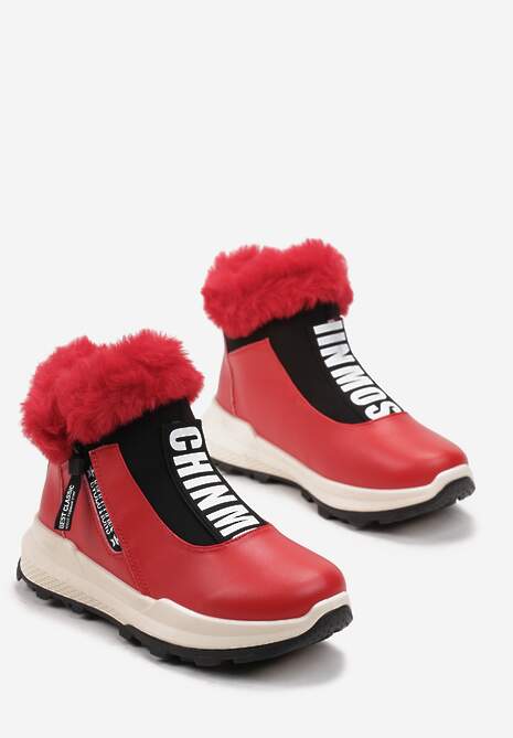 Czerwone Śniegowce za Kostkę z Nadrukiem i Futerkiem Glemenia