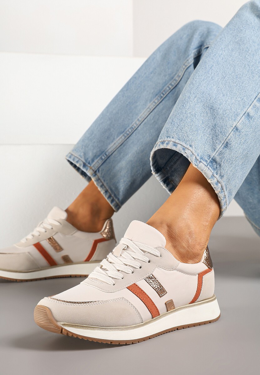 Beżowe Sneakersy z Metalicznym Wzorem Alusa