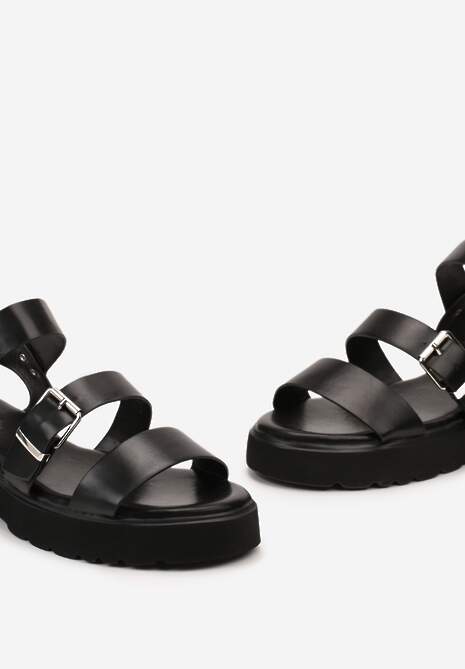 Czarne Sandały z Imitacji Skóry na Płaskiej Podeszwie z Paskami i Klamrami Afitlia